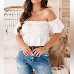 NanaMacs ruffled off the shoulder crop top, white, size large